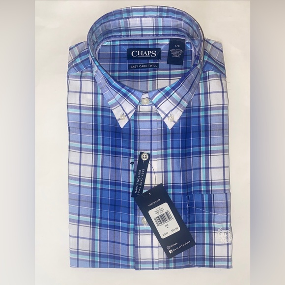 RALPH LAUREN CHAPS Easy Care Twill Plaid Button Down L/S Shirt Blue White $55 L - Picture 1 of 6